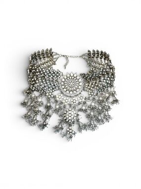 Silver Tone Statement Necklace with Clear Crystals Large Bib Collar